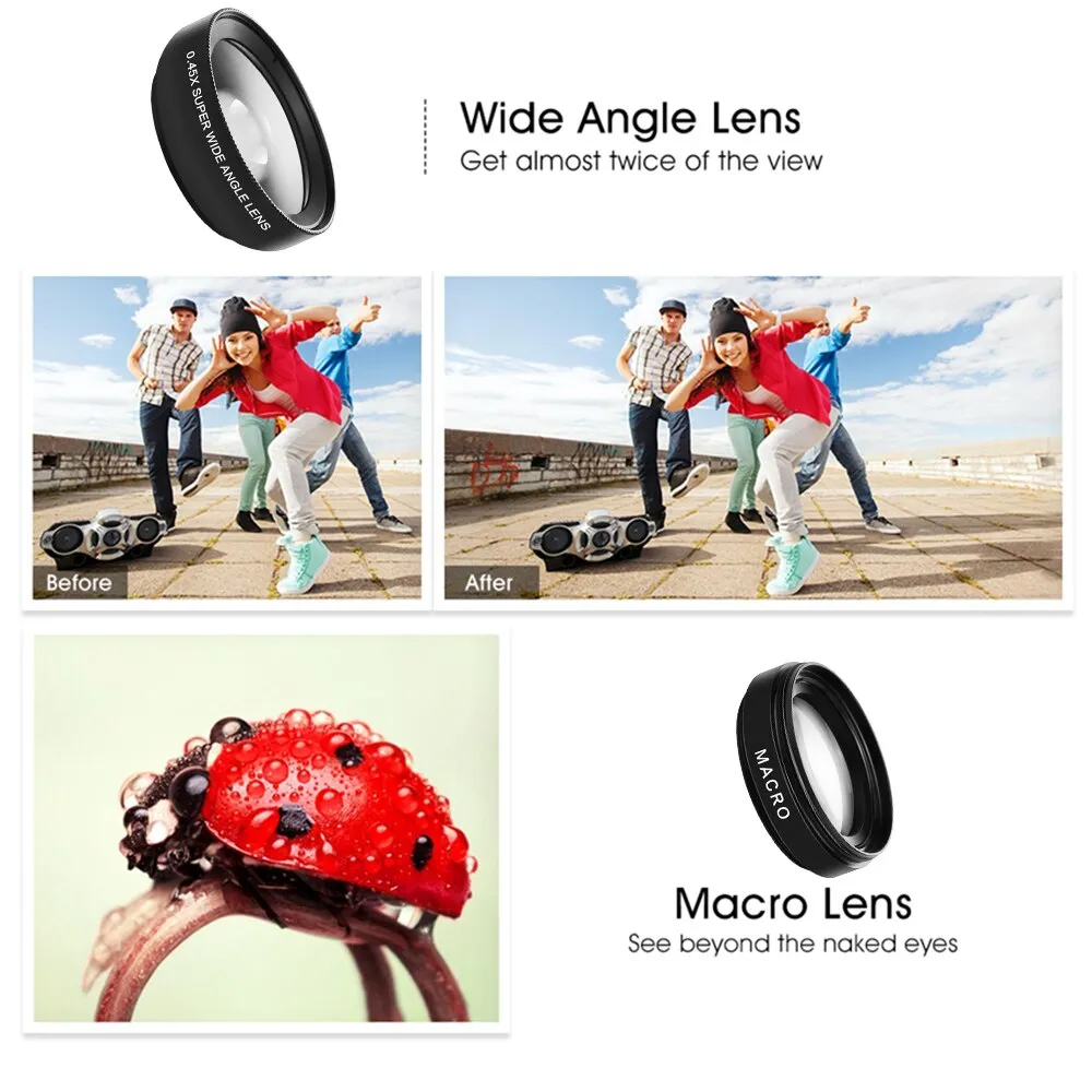 2 Functions Mobile Phone Lens 0.45X Wide Angle Len &amp; 12.5X Macro HD Camera Lens Universal for iPhone Android Phone