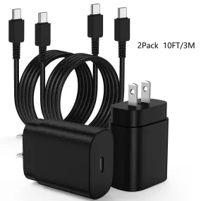 2-Pack 10ft USB-C Fast Charger, 25W Wall Charger Block with C-to-C Cable, Power Adapter