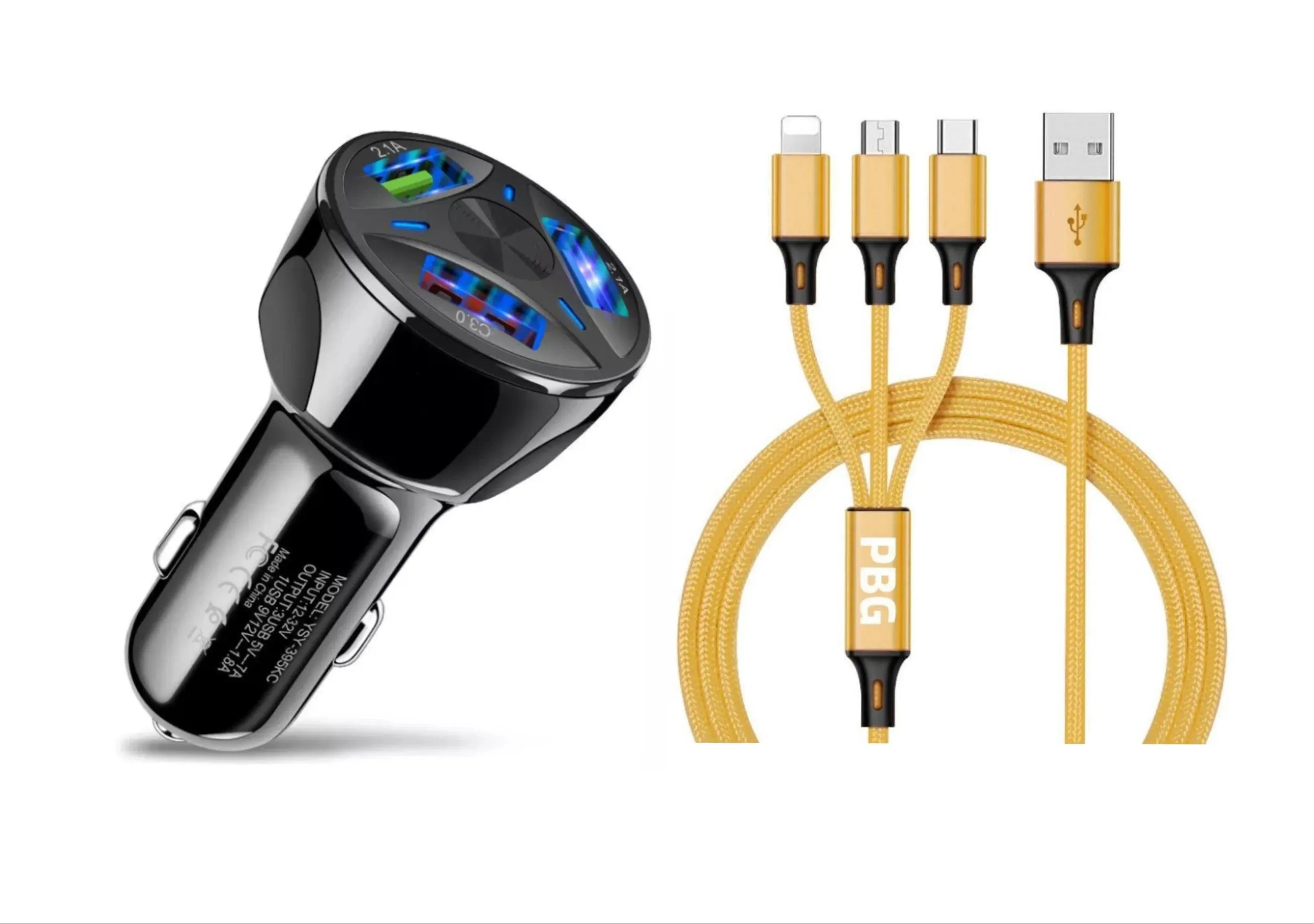 3-Port LED Fast Car Charger & 3-in-1 Fast Charging Cable Combo