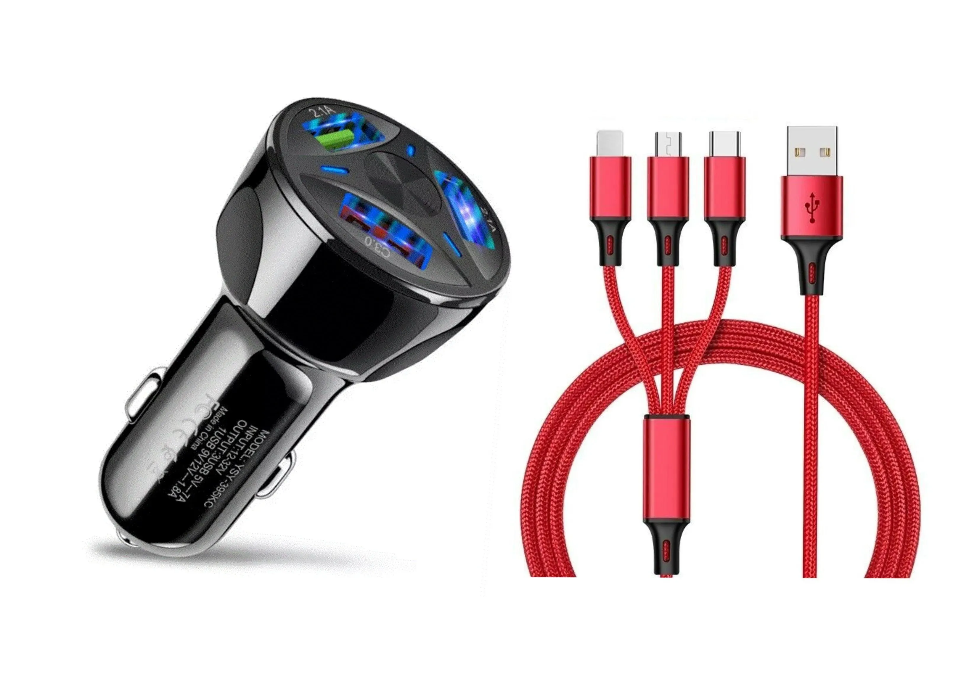 3-Port LED Fast Car Charger & 3-in-1 Fast Charging Cable Combo