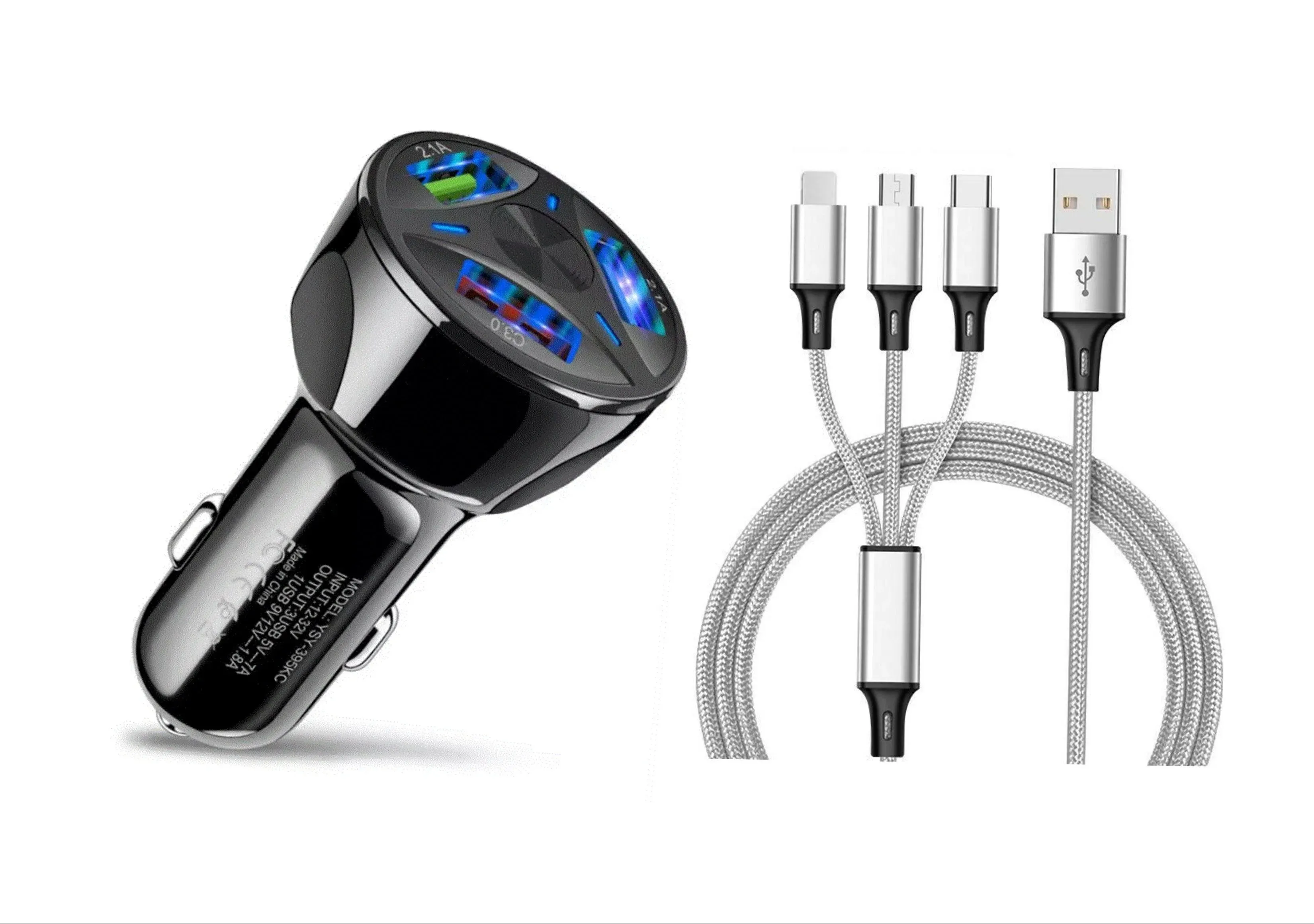 3-Port LED Fast Car Charger & 3-in-1 Fast Charging Cable Combo