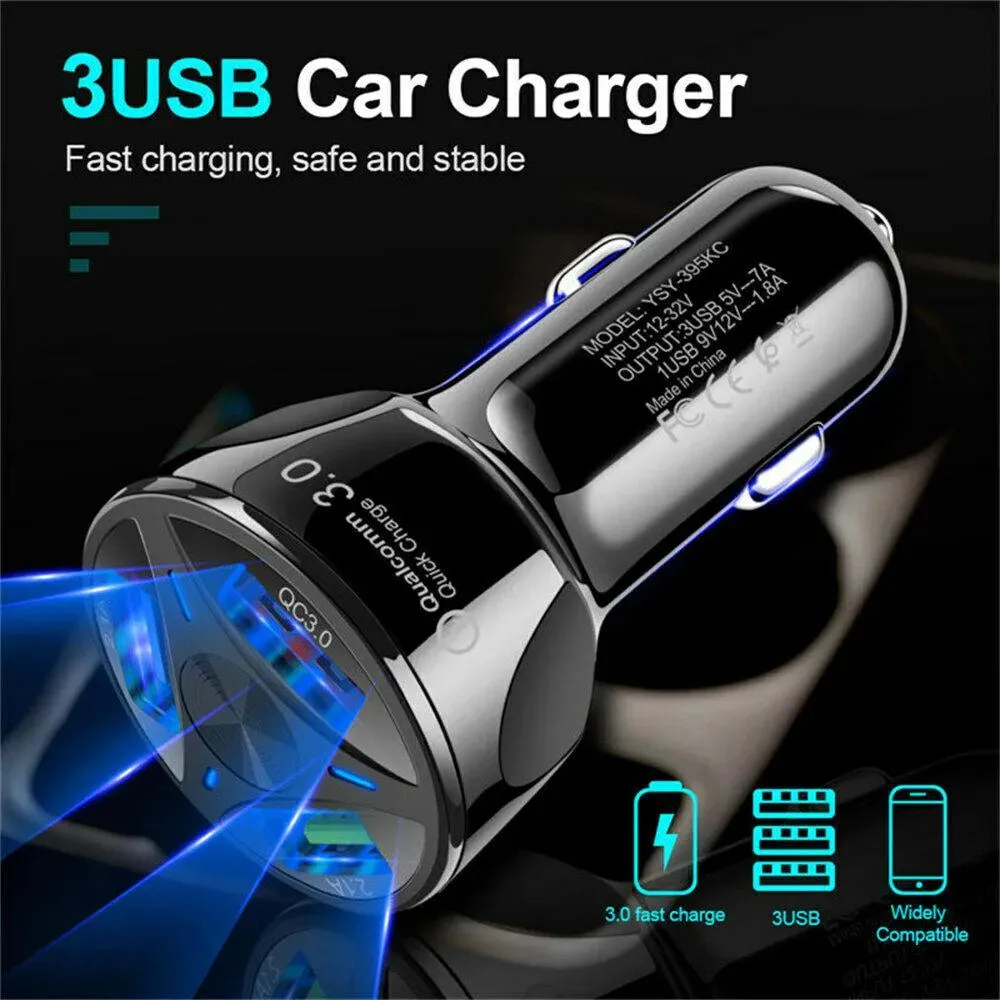 3-Port LED Fast Car Charger & 3-in-1 Fast Charging Cable Combo