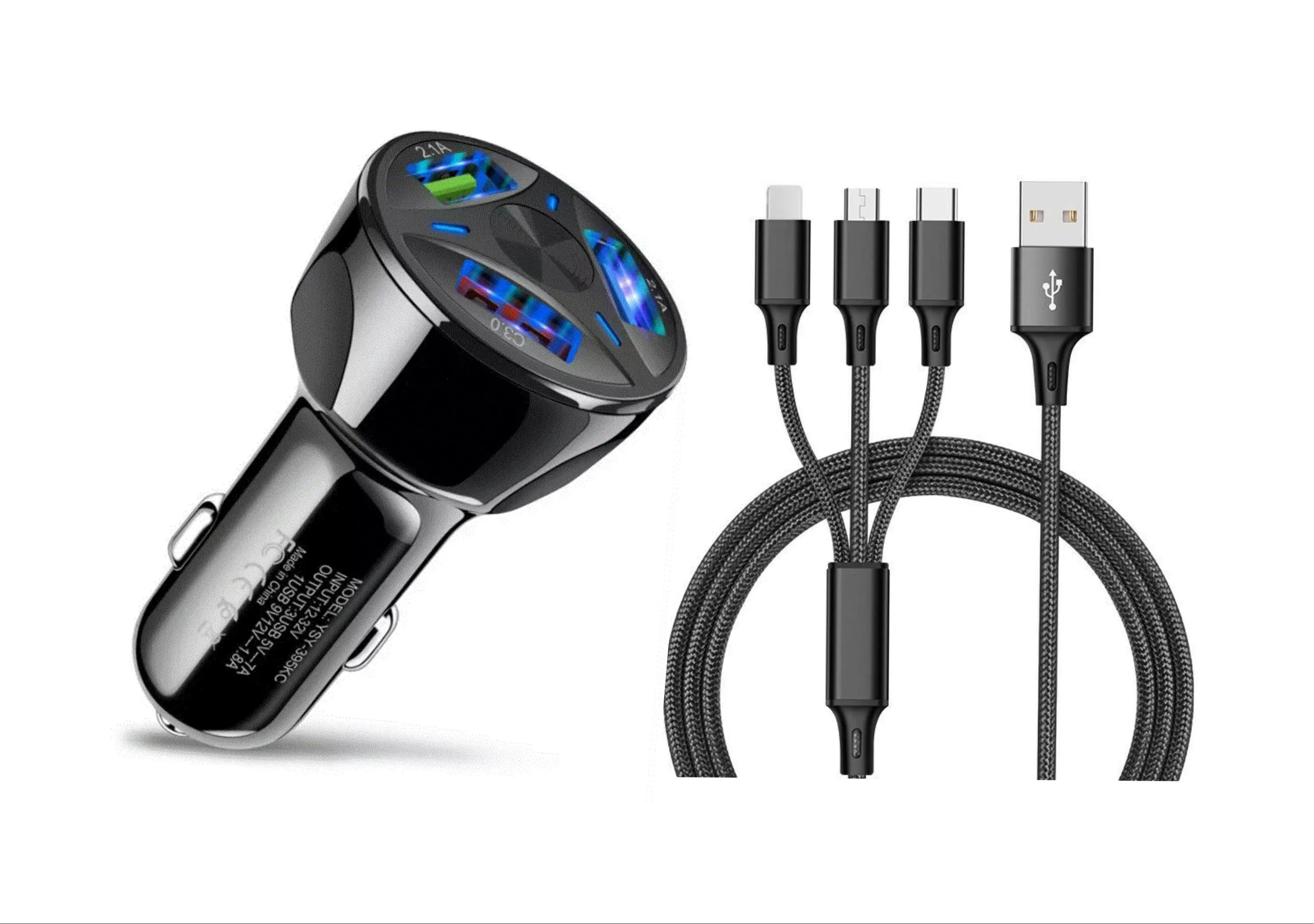 3-Port LED Fast Car Charger & 3-in-1 Fast Charging Cable Combo