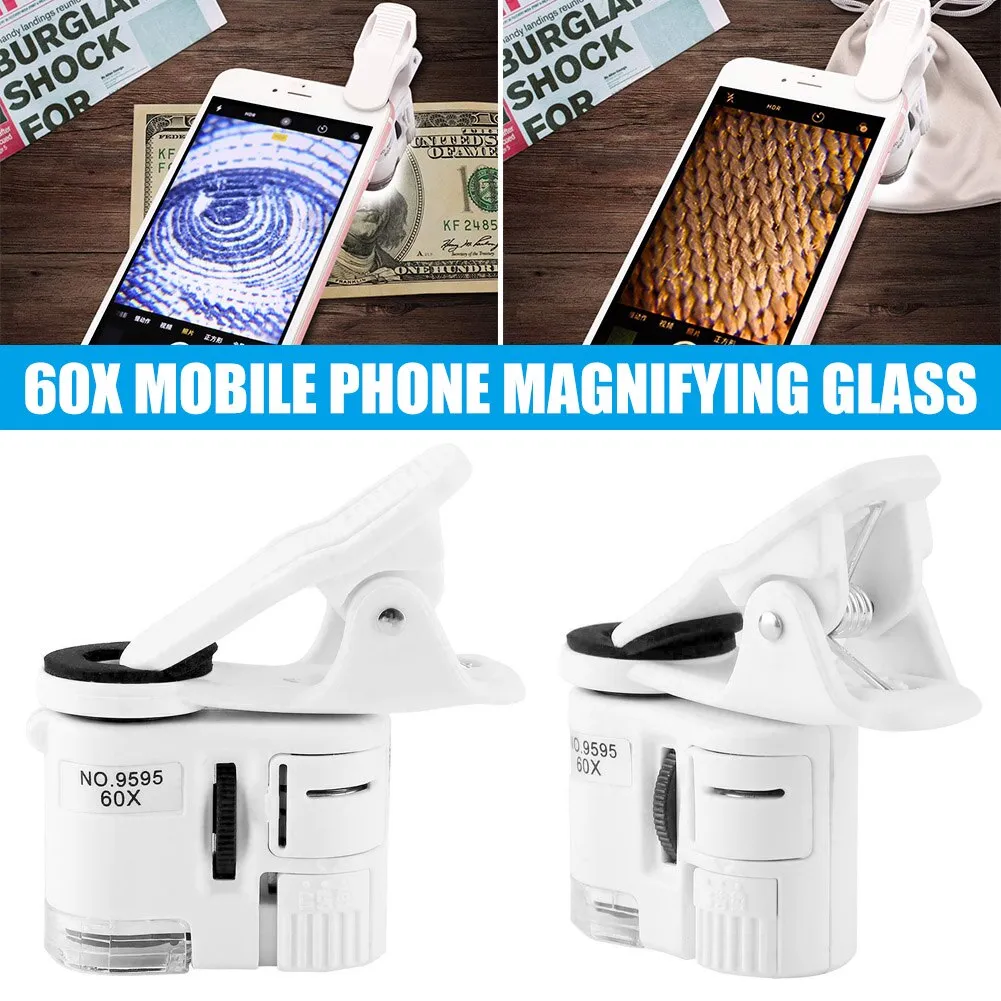 60X Portable Clip Magnifier Loupe UV Microscope Universal Mobile Phone with Mini LED NK-Shopping