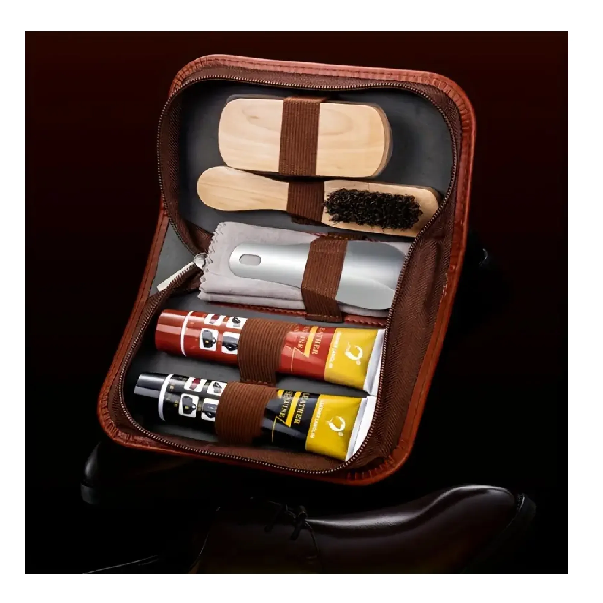 7pcs/set, Black And Brown Oil Color Portable/ Travel Shoe Care Kit, Shoe Cleaning Horsehair Brush, Shoe Polishing Care Tools With Carrying Case, Black And Colorless Cleaning And Maintenance Oil Shoe Brush Care