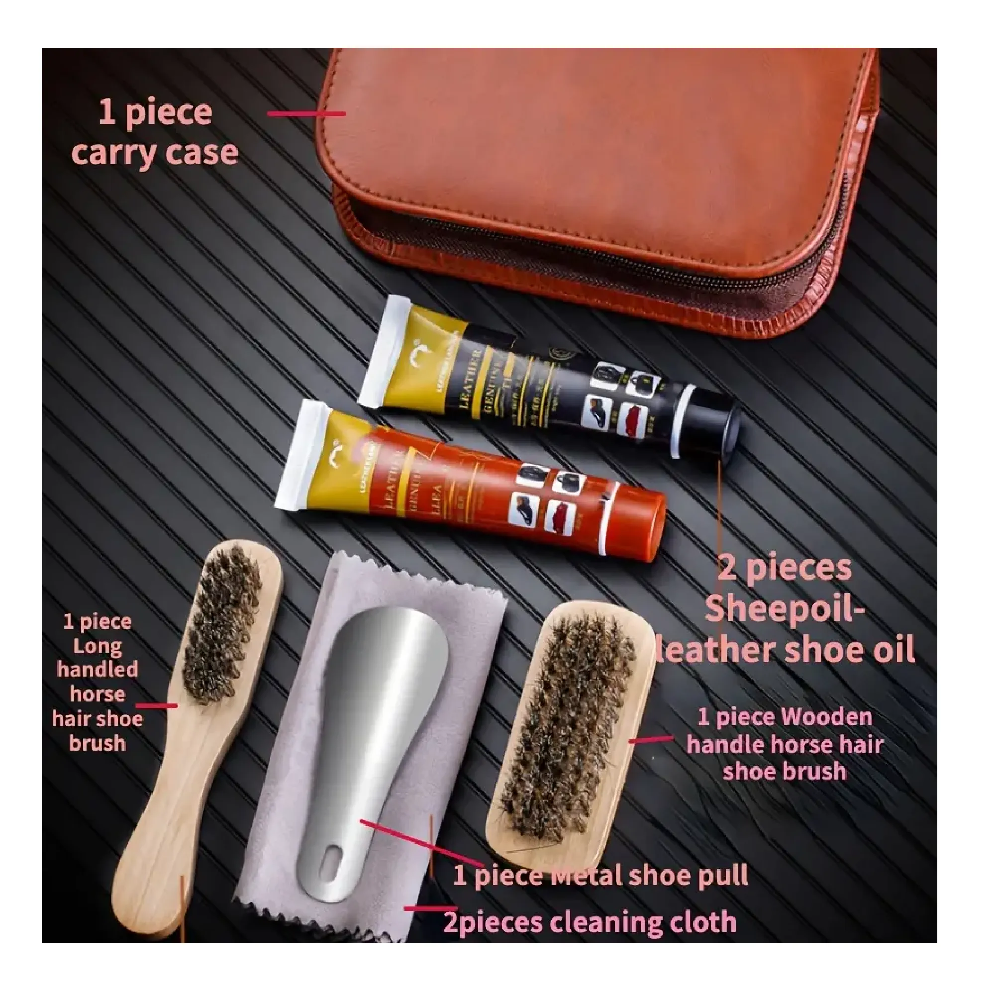 7pcs/set, Black And Brown Oil Color Portable/ Travel Shoe Care Kit, Shoe Cleaning Horsehair Brush, Shoe Polishing Care Tools With Carrying Case, Black And Colorless Cleaning And Maintenance Oil Shoe Brush Care