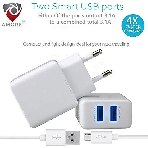 Amore 3.1 Amp Dual Port Fast Wall Charger Adapter compatible with Android Mobiles With Micro USB Data Charging Cable