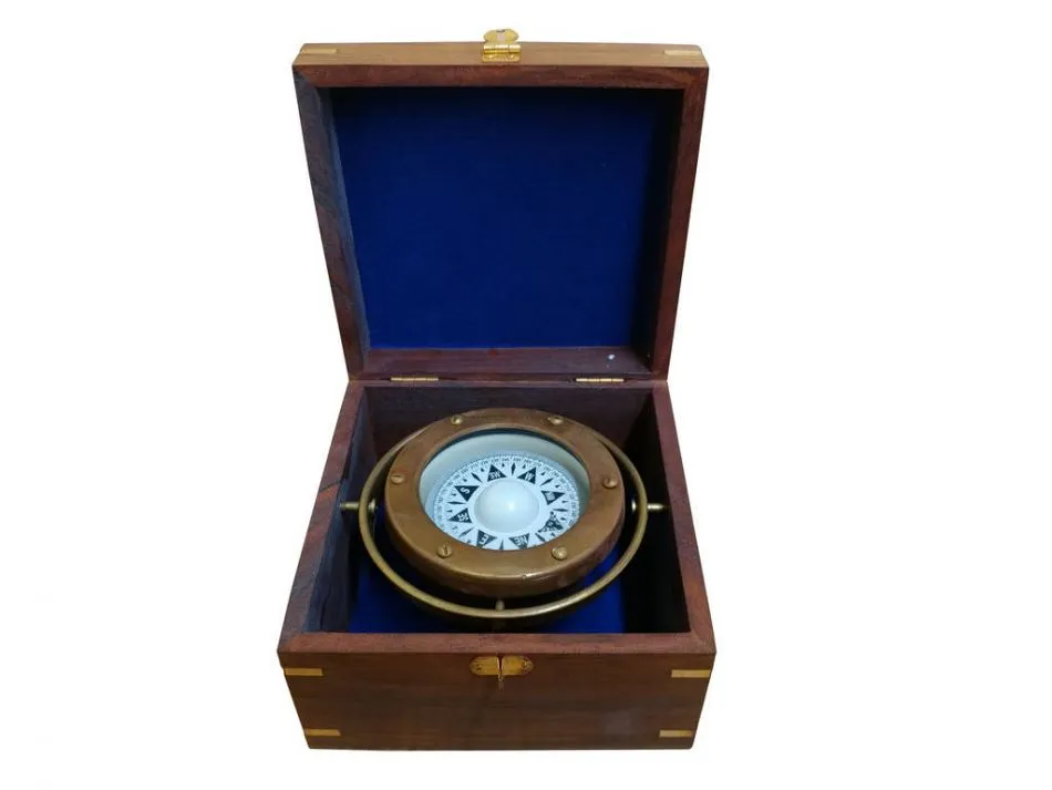 Antique Brass Gimbal Compass w/ Rosewood Box 5"