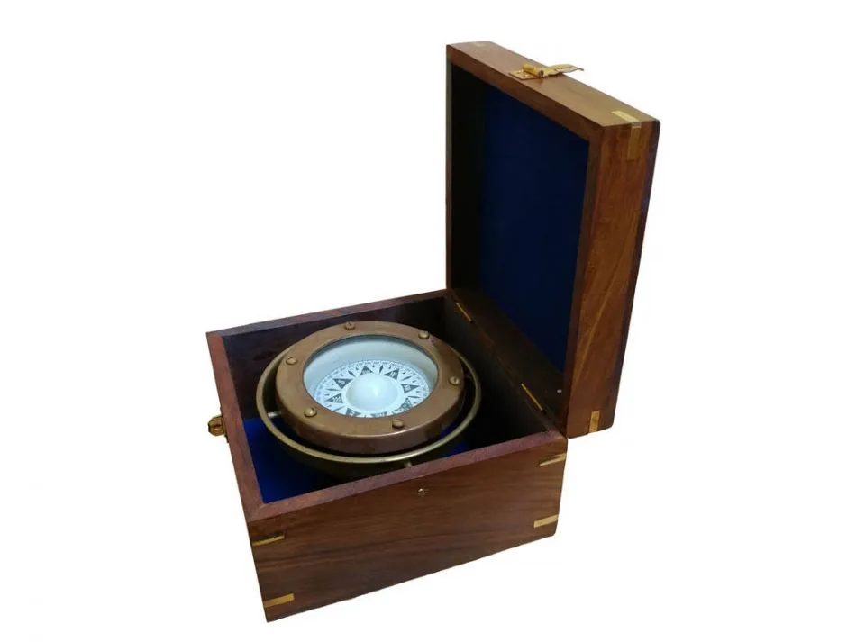 Antique Brass Gimbal Compass w/ Rosewood Box 5"