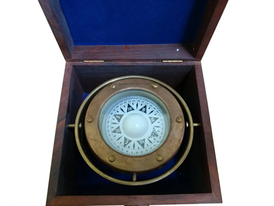 Antique Brass Gimbal Compass w/ Rosewood Box 5"