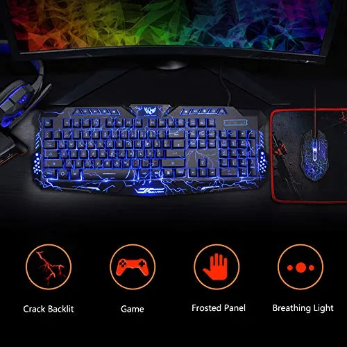 Backlit Crack Gaming  Combo 3 Color LED 114 USB Keyboard Gamer Office