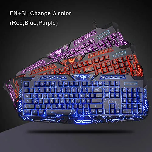 Backlit Crack Gaming  Combo 3 Color LED 114 USB Keyboard Gamer Office