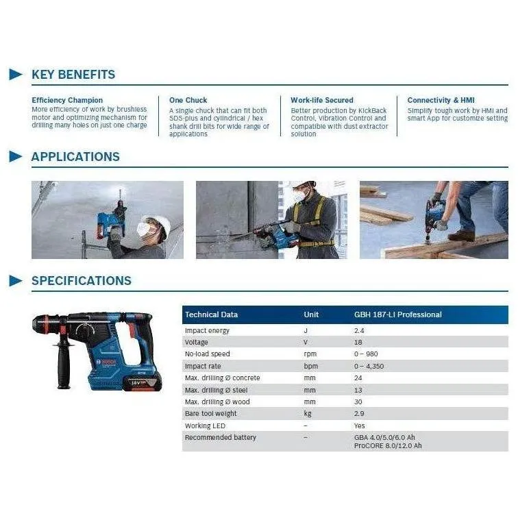 Bosch GBH 187-Li Cordless SDS-plus Rotary Hammer 24mm 18V (Bare) [One Chuck]