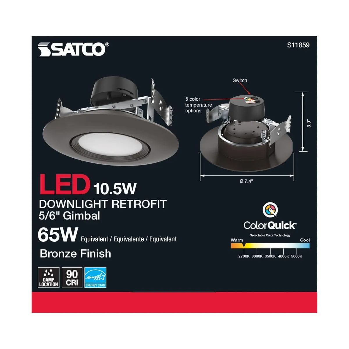 Bronze 10.5 Watt; LED Retrofit Downlight; Gimbaled; 120 Volt; CCT Selectable