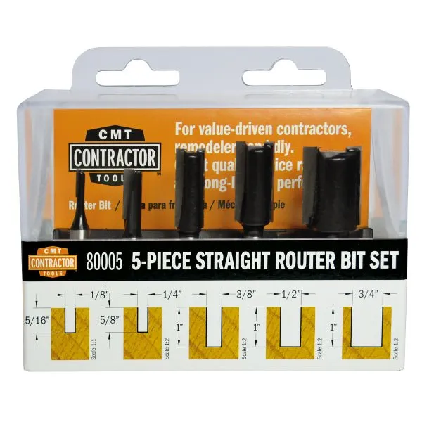 CMT 80005 - 5-PC Set Straight Router Bit Set - S=1/4" - 1/8",1/4",3/8",1/2",3/4"