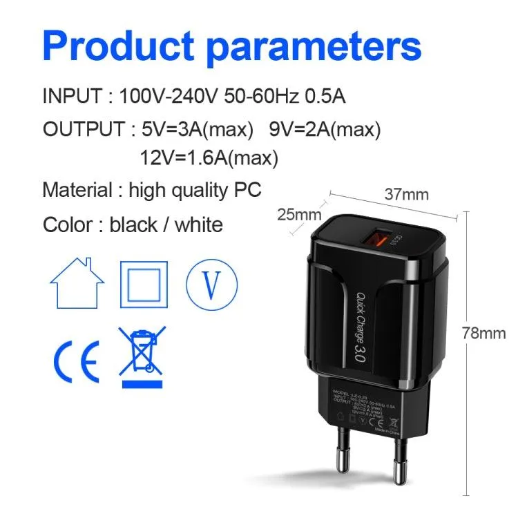 Compact 18W USB QC3.0 Universal Fast Charger with EU Plug