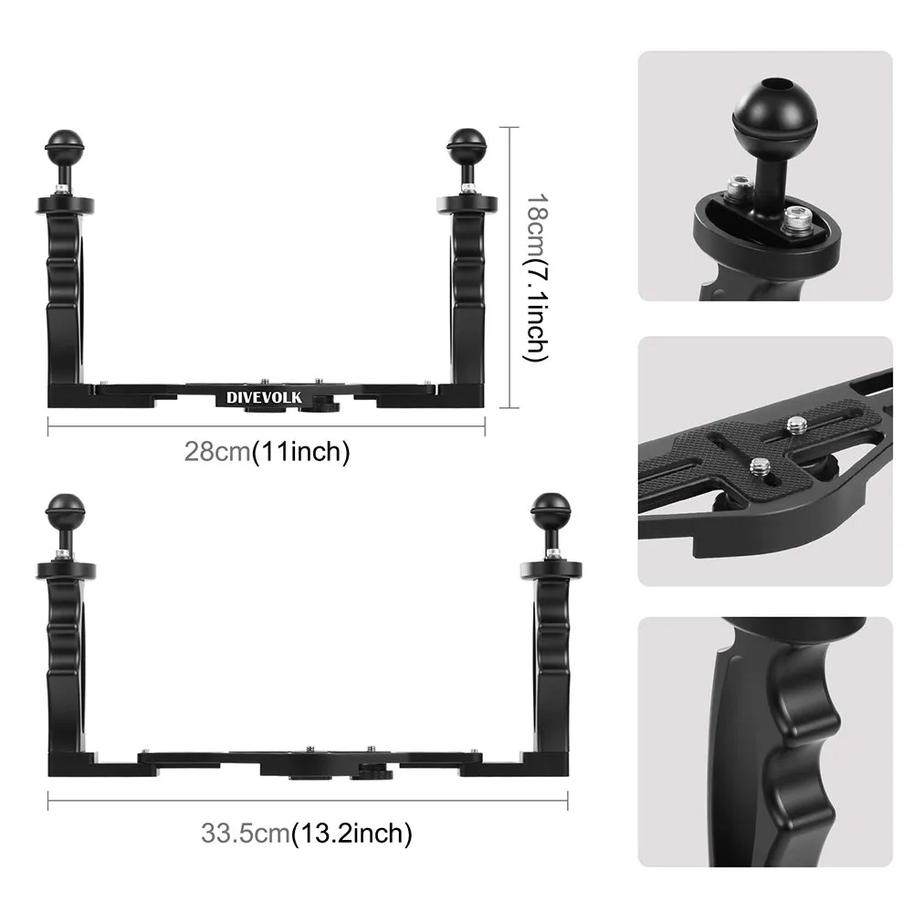 DIVEVOLK Dual Handle Tray for smartphone underwater housing, compact camera housing, action camera, Gopro, DJI Action, Insta360