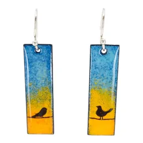 Earrings - Slim Rectangle Birds on Orange and Blue Background by Magpie Mouse Studios