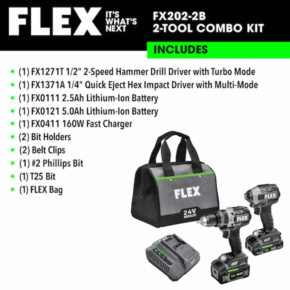 Flex FXM202-2B 24V Brushless 2 Tool Combo Kit Hammer Drill with Turbo Mode and Impact Driver with Quick Eject