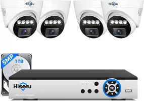 Hiseeu 5MP Home Security Camera System, w/4 Pcs Dome&Indoor Security Cameras, PC/Mobile Remote Access, Night Vision, 1TB HDD, 7/24 Record, Motion Alerts for CCTV Surveillance