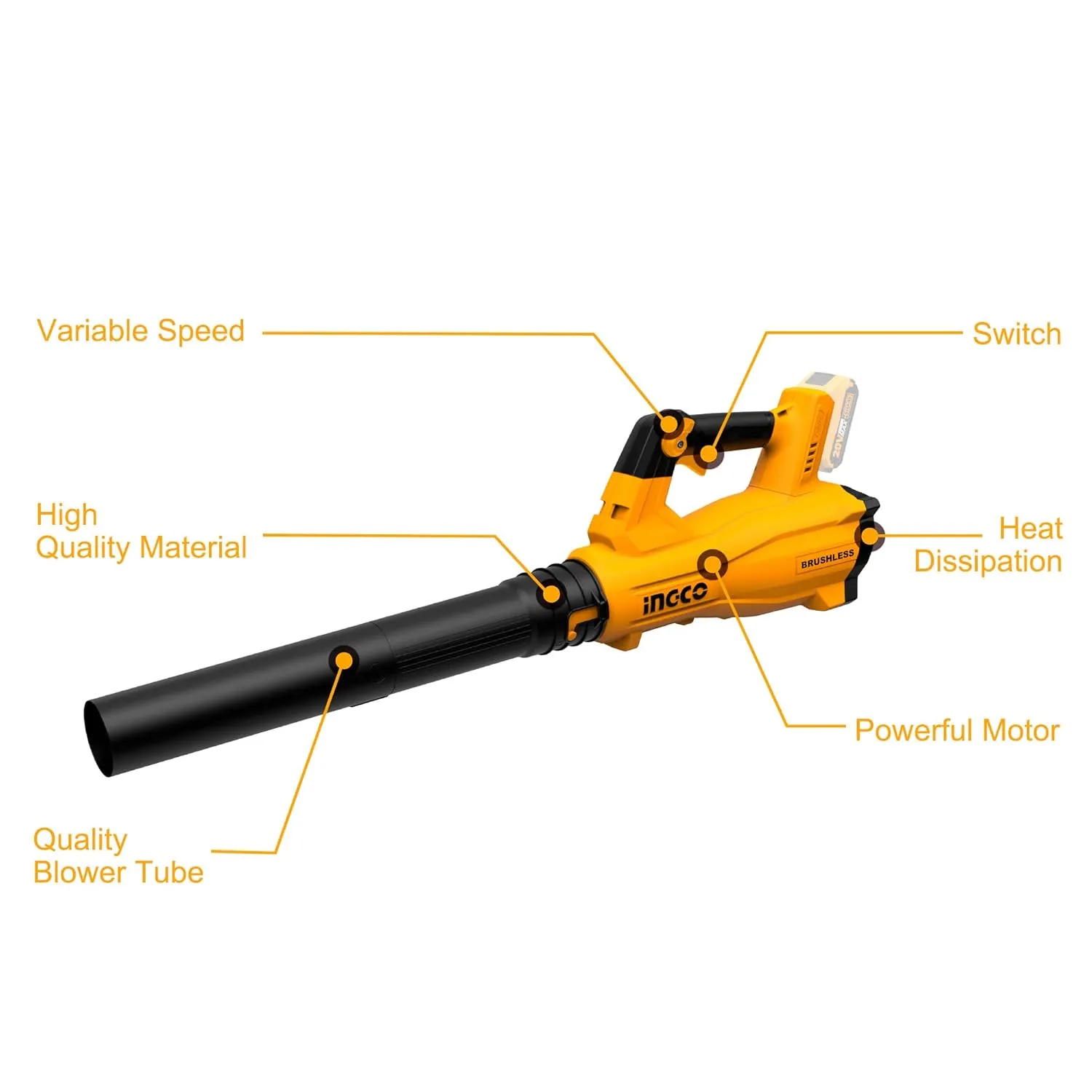 Ingco CABLI20408 20V Li-ion Leaf Blower | Cordless Handheld Sweeper with Variable Speed - Includes 2 Batteries & Charger