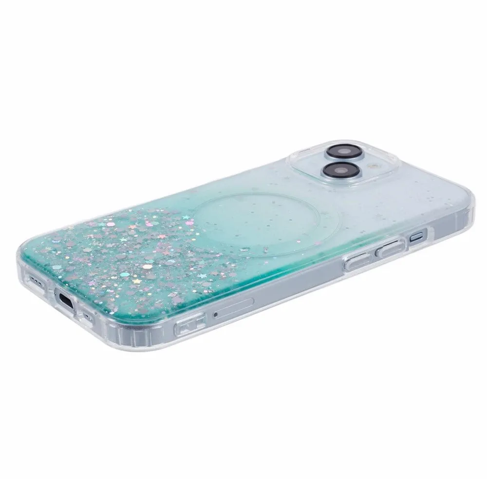 iPhone 15 MagSafe case with acrylic back and color gradient in glitter design - turquoise