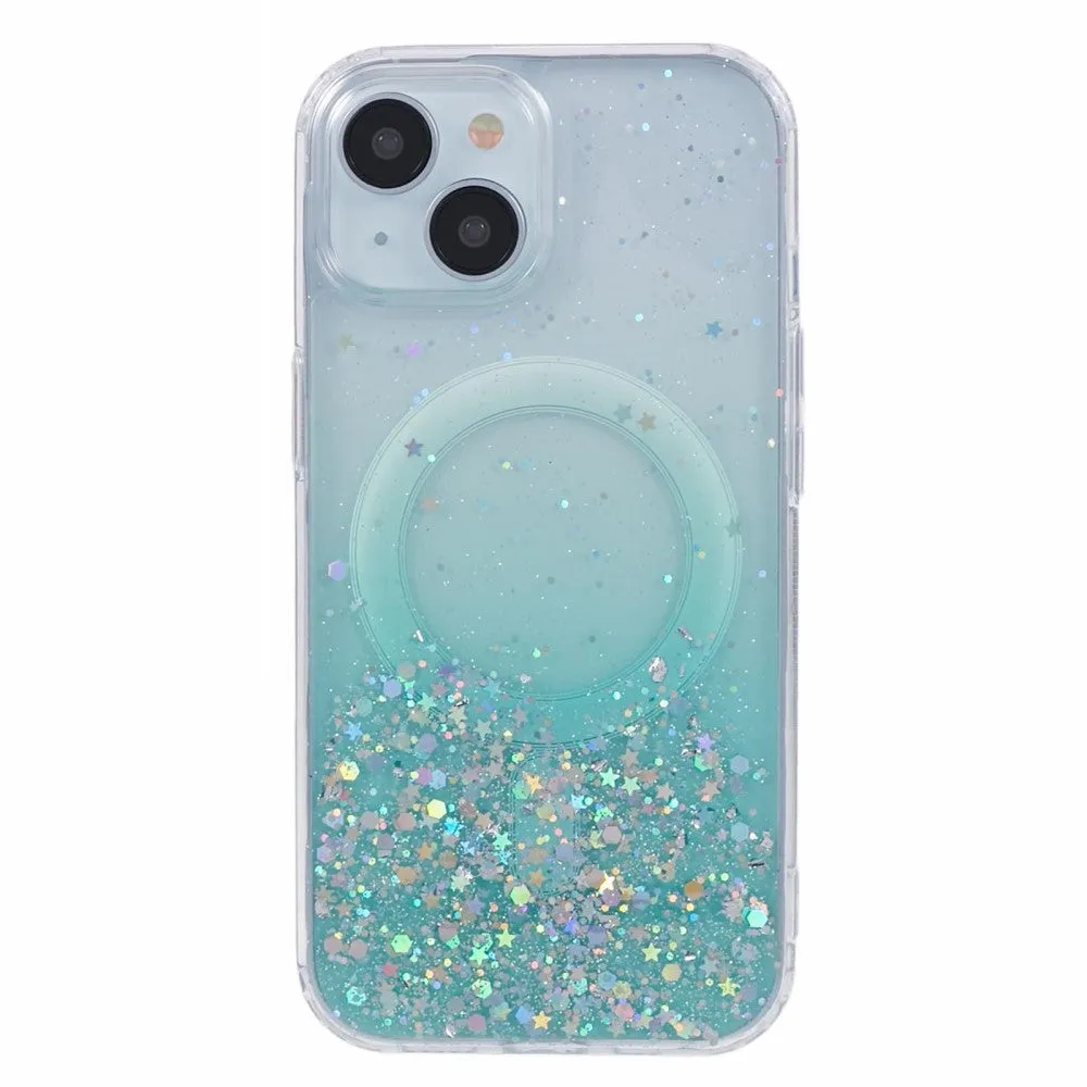 iPhone 15 MagSafe case with acrylic back and color gradient in glitter design - turquoise