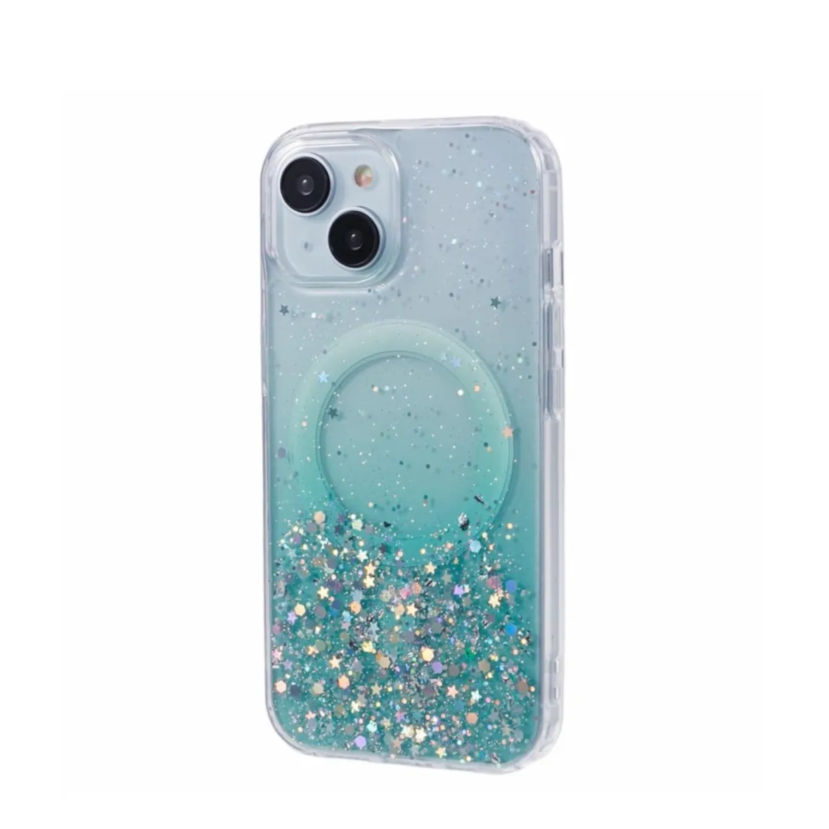 iPhone 15 MagSafe case with acrylic back and color gradient in glitter design - turquoise