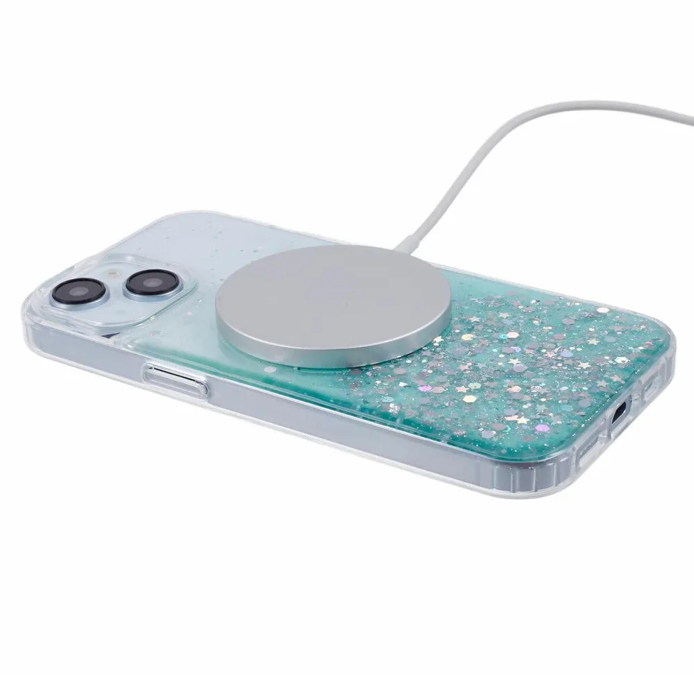 iPhone 15 MagSafe case with acrylic back and color gradient in glitter design - turquoise