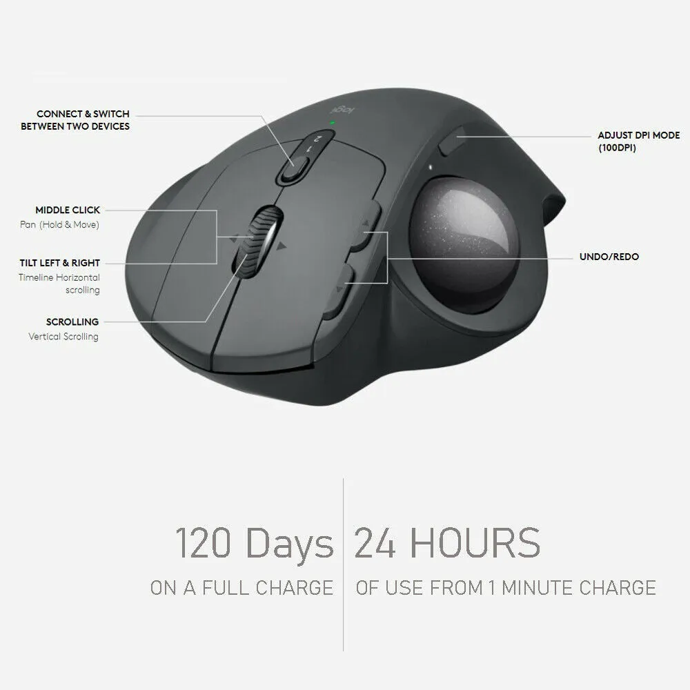 Logitech MX Ergo Plus Wireless Palm Support Trackball Mouse 910-005178, Graphite