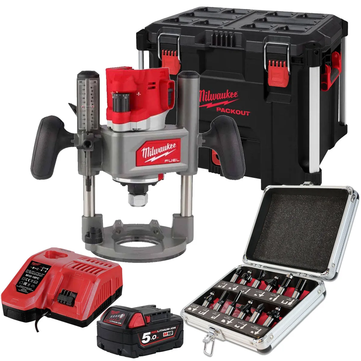 Milwaukee M18FR12KIT 18V Fuel Brushless 1/2" Router Cutter with 1 x 5.0Ah Battery Charger Case & 12 Piece Cutter set