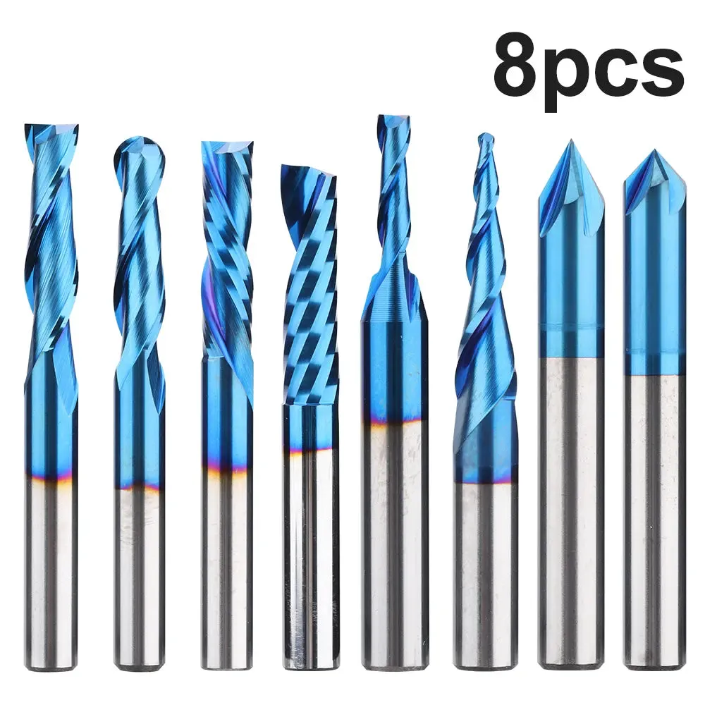 MRBC08, 1/4" Shank, End Mills CNC Router Bits, General Purpose, Nano Blue Coating, for Aluminum, Metal, Plastic, MDF & Wood, 8pcs