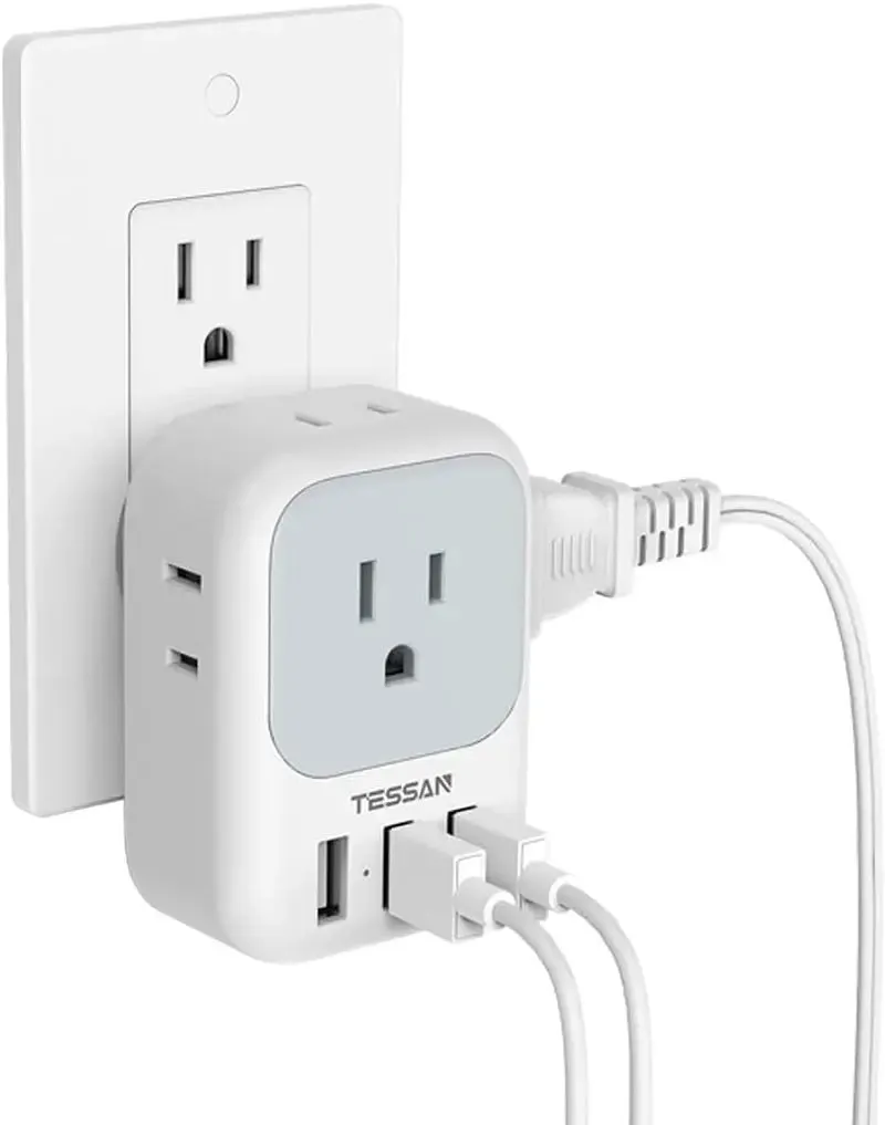 multi plug outlet extender USB Charger Block,  USB Plug Adapter with Electrical 4 Box Splitter 3 USB Wall Charger Ports, Multi Plug Outlet Extender Charging for Cruise, Travel, Office, Dorm Essentials