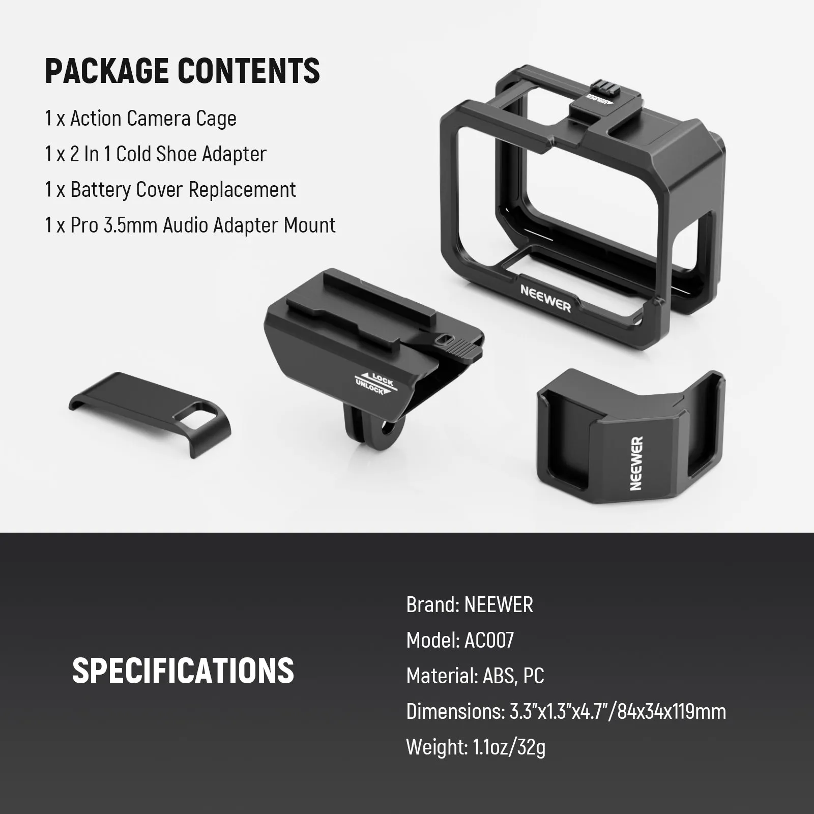 NEEWER AC007 Video Rig Cage Compatible with GoPro Hero 12 11 10 9