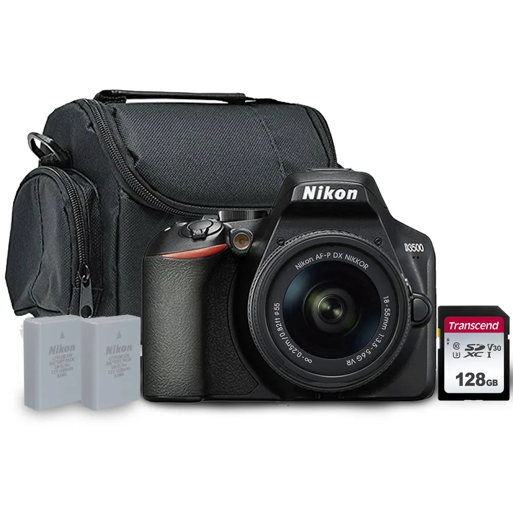 Nikon D3500 24.2MP Digital SLR Camera with 18-55mm AF-P DX Lens   128GB Memory Card with Extra Battery