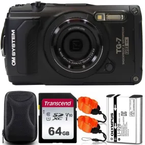 OM SYSTEM Tough TG-7 Digital Camera Black with 64GB Memory Card Accessory Bundle