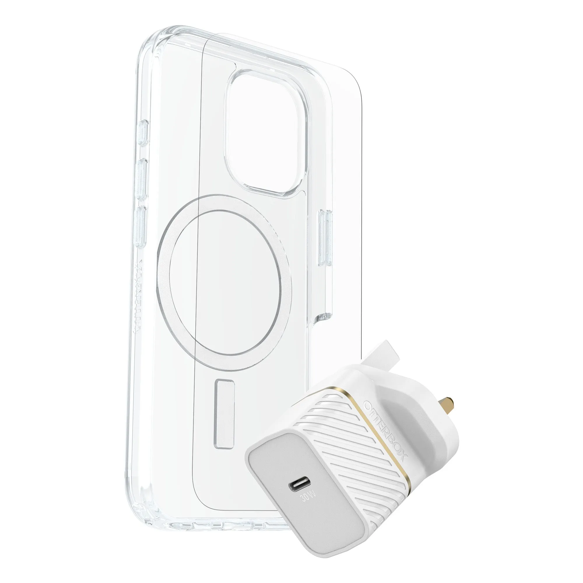 OtterBox Symmetry Clear MagSafe Cover   Premium Glass   Fast Charge Wall Charger 30W for iPhone 16 Pro Max