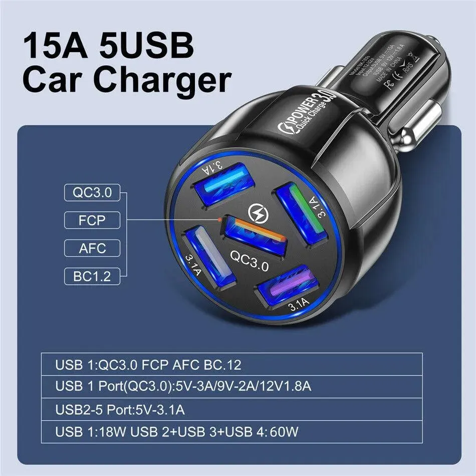 PBG 5-Port LED Car Charger & 4-in-1 Nylon Multi-Cable Bundle 4FT