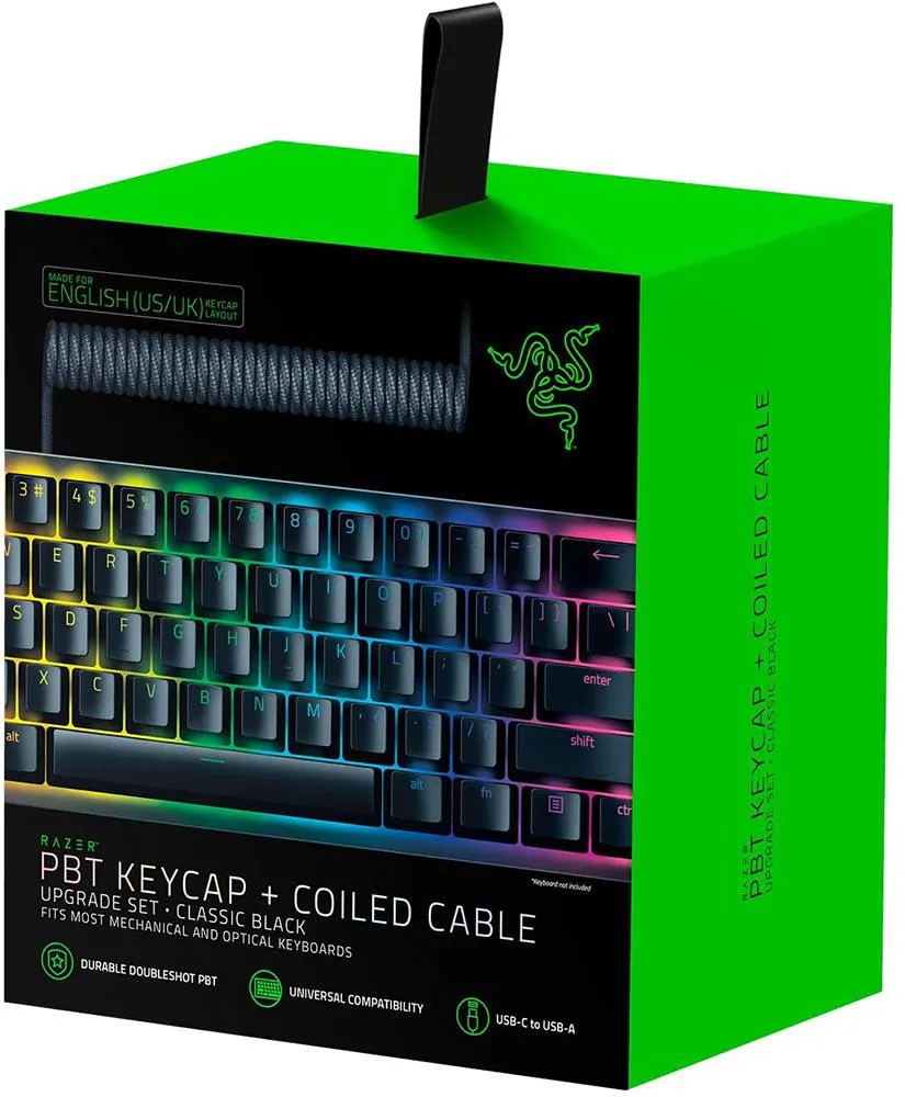 Razer Keycap PBT   Coiled Cable Upgrade Set: Durable Doubleshot PBT - Universal Compatibility - Keycap Removal Tool & Stabilizers - Tactically Coiled & Designed - Braided Fiber Cable - Classic Black