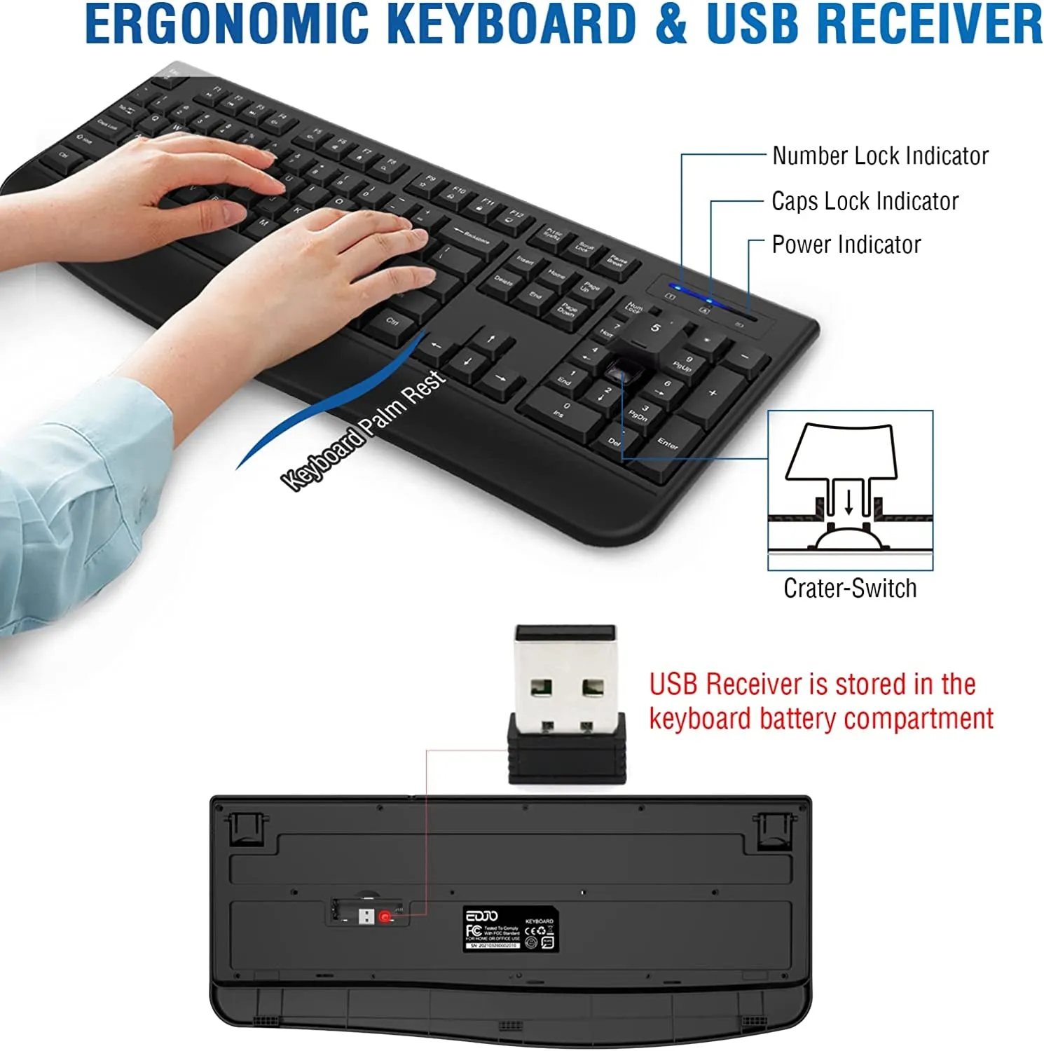 Wireless Keyboard and Mouse Combo, EDJO 2.4G Full-Sized Ergonomic Computer Keyboard with Wrist Rest and 3 Level DPI Adjustable Wireless Mouse for Windows, Mac OS Desktop/Laptop/Pc